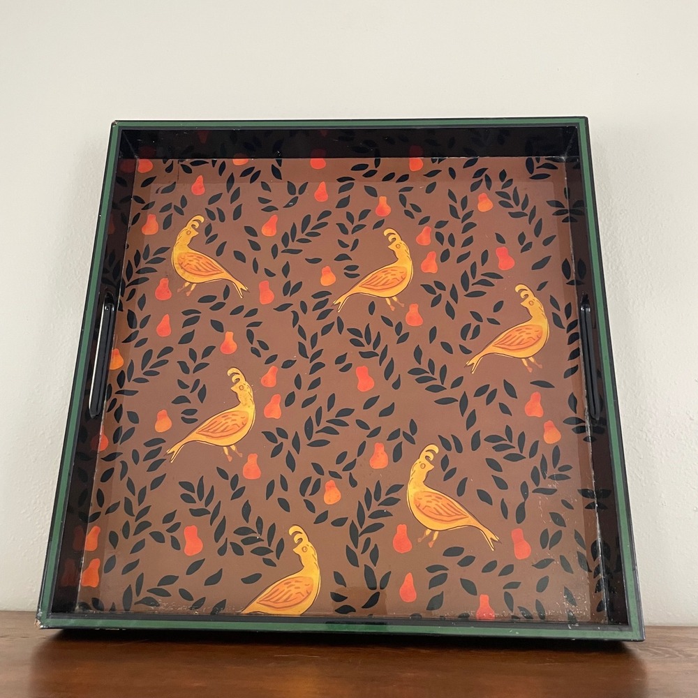 Distressed Partridge Art Square Lacquer Serving Tray 15" Rock Flower Paper‎